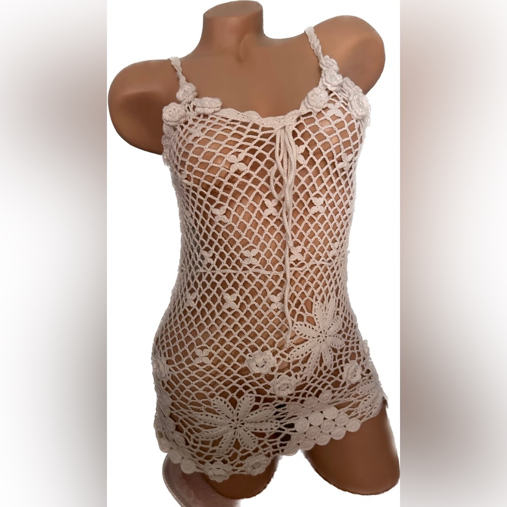 Barbie crochet cover up dress Y2K 90’s jumper twisted heart tank sexy sweater L - Picture 2 of 4